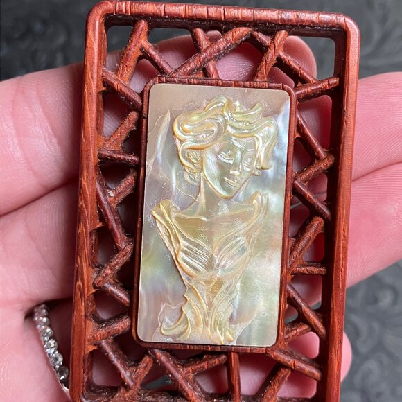 Medusa Bust Mother of Pearl and Wood Pendant Cabochon Mini Art - Picture 3 of 7